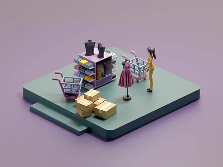 3D illustration of a small shop with clothing racks, mannequins, shopping trolleys and a person browsing