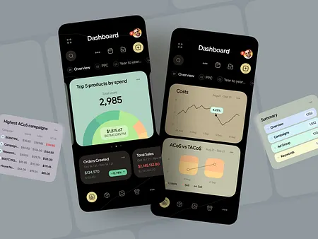 Design concept of two dark phone dashboards with spending charts, orders and sales totals