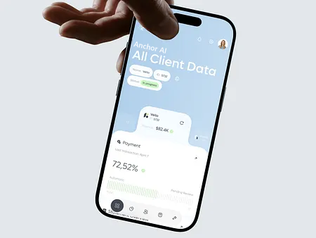 A hand holding a phone that shows an app labelled Anchor AI with a client data screen, a payment card and a chart