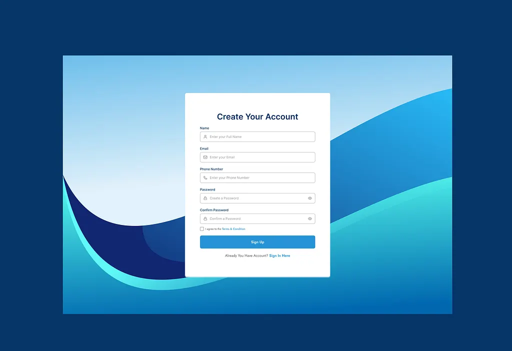Illustrative design of a sign-up form with name, email, phone and password fields over a blue and teal wave background