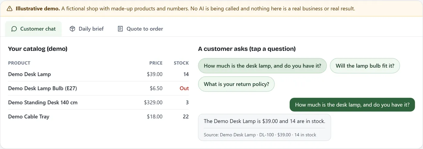 Anchor demo: a customer question answered from the catalogue with its source shown