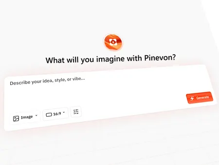Concept illustration of a prompt box asking “What will you imagine with Pinevon?” with image and aspect-ratio options and a Generate button