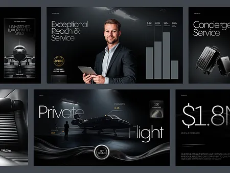 Illustrative collage of dark presentation slides for a private aviation service, with a jet, a speaker portrait and large statistics